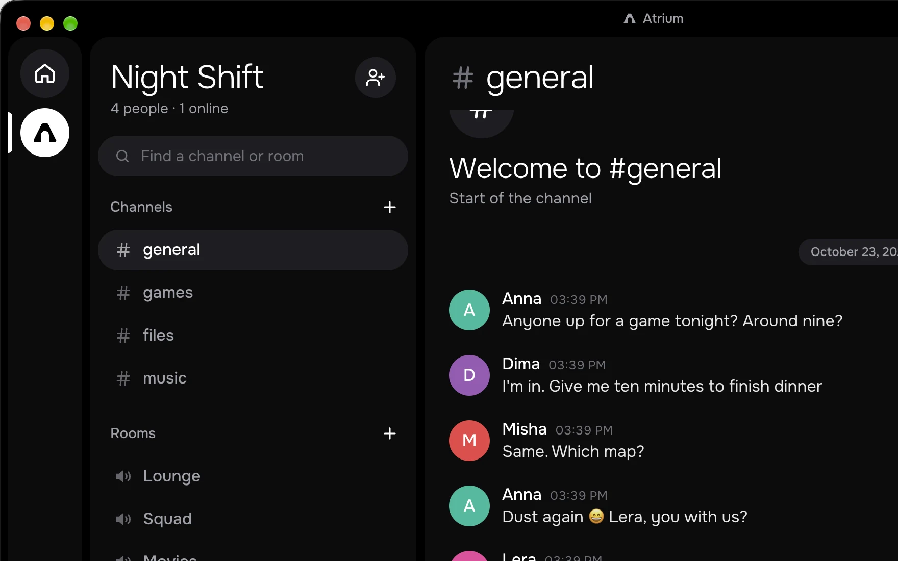 Atrium window: servers on the left, channel list, chat in #general