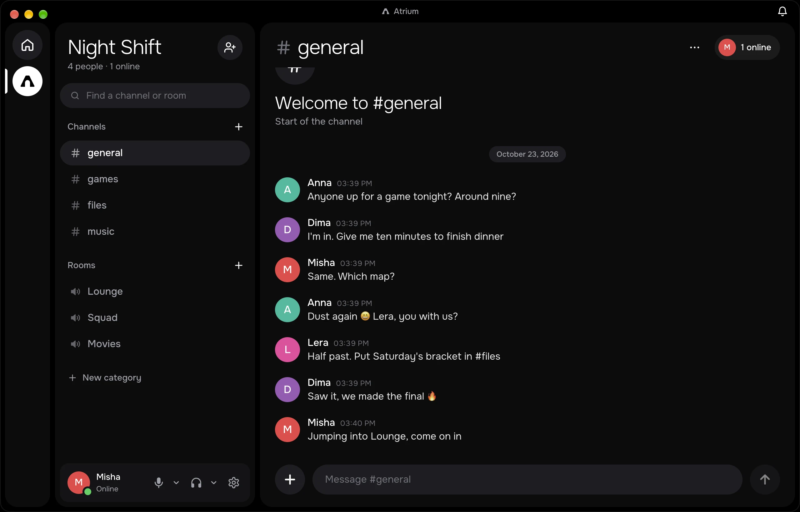 The Atrium window: the Night Shift server, channels on the left, the chat in #general